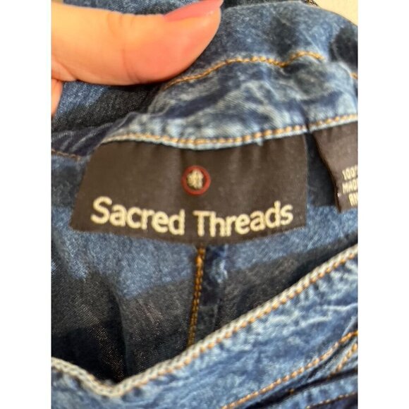 Sacred Threads Overalls Women L Blue Denim Patchwork Boho Y2K Retro Western 80s - Picture 2 of 15